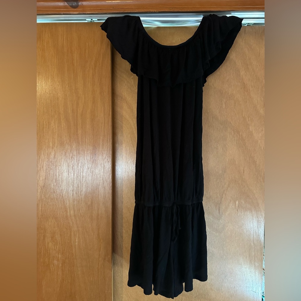 Black ruffle off the shoulder drawstring romper